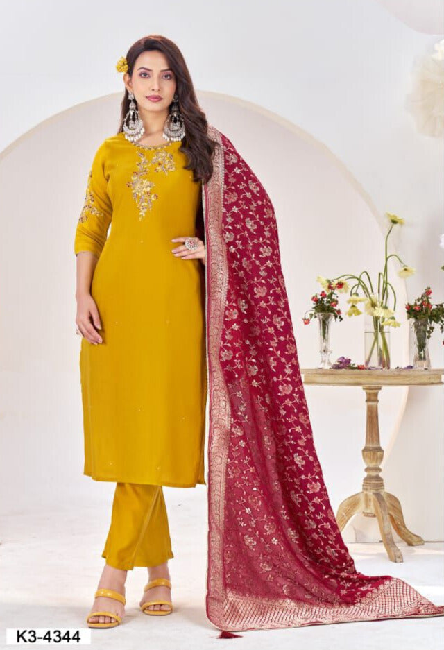 Mustard Yellow Embroidered Kurta Set with Rich Maroon Dupatta