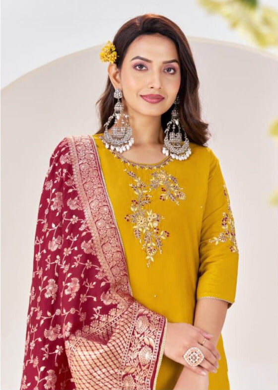 Mustard Yellow Embroidered Kurta Set with Rich Maroon Dupatta