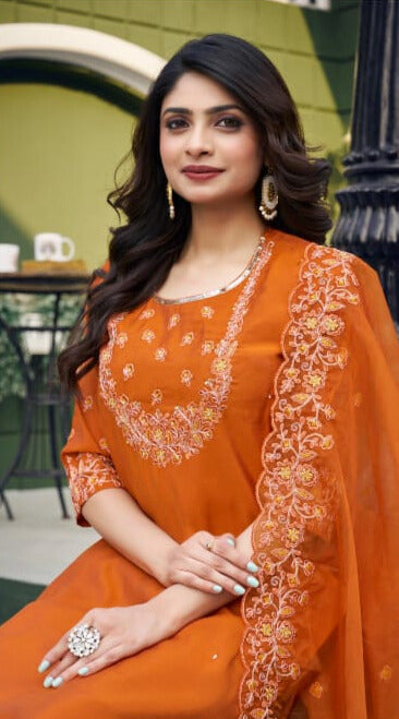 Elegant Rust Orange Embroidered Kurta Set with Sheer Dupatta