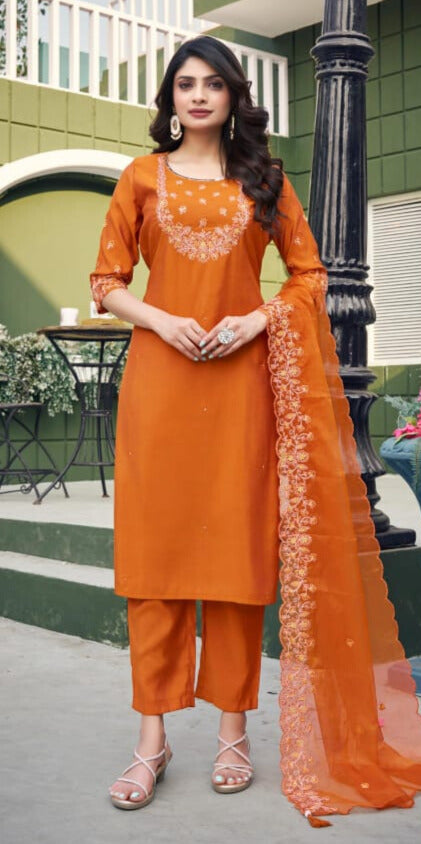 Elegant Rust Orange Embroidered Kurta Set with Sheer Dupatta