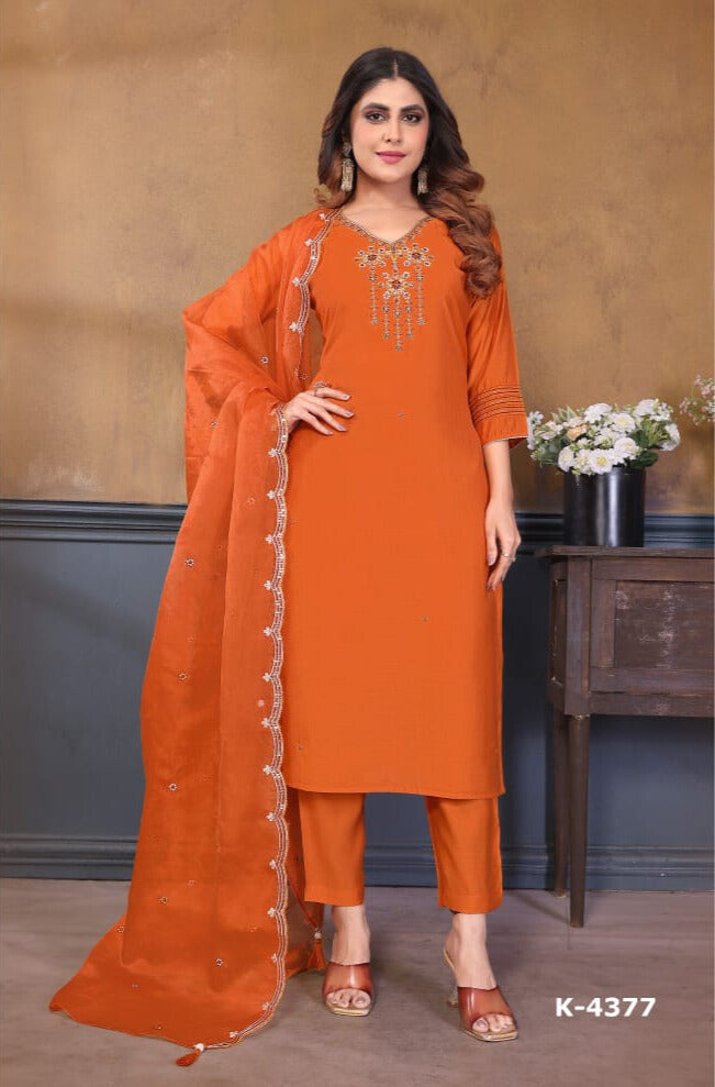 Classic Rust Orange Embroidered Kurta Set with Dupatta