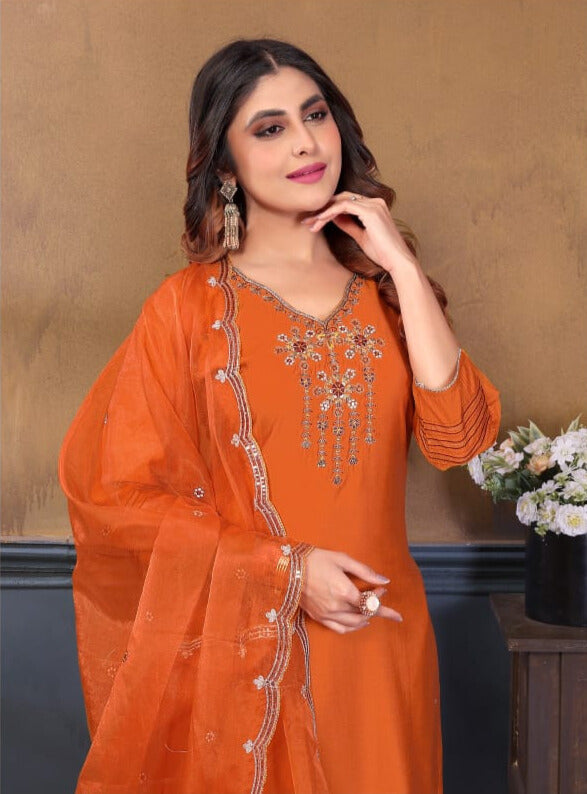 Classic Rust Orange Embroidered Kurta Set with Dupatta