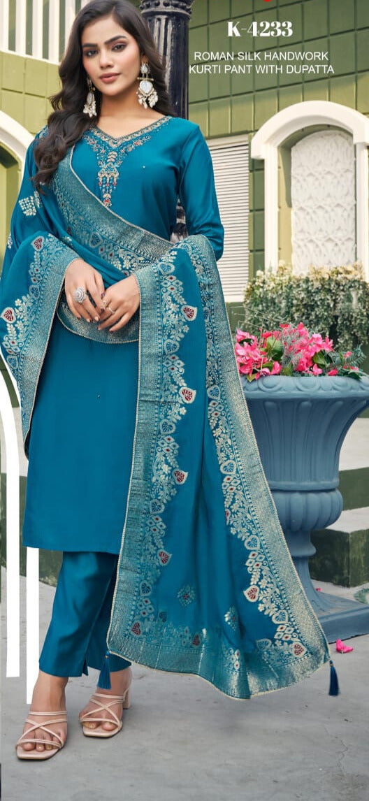 Teal Royalty – Handworked Kurti Pant Set with Dupatta