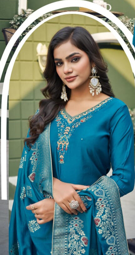 Teal Royalty – Handworked Kurti Pant Set with Dupatta