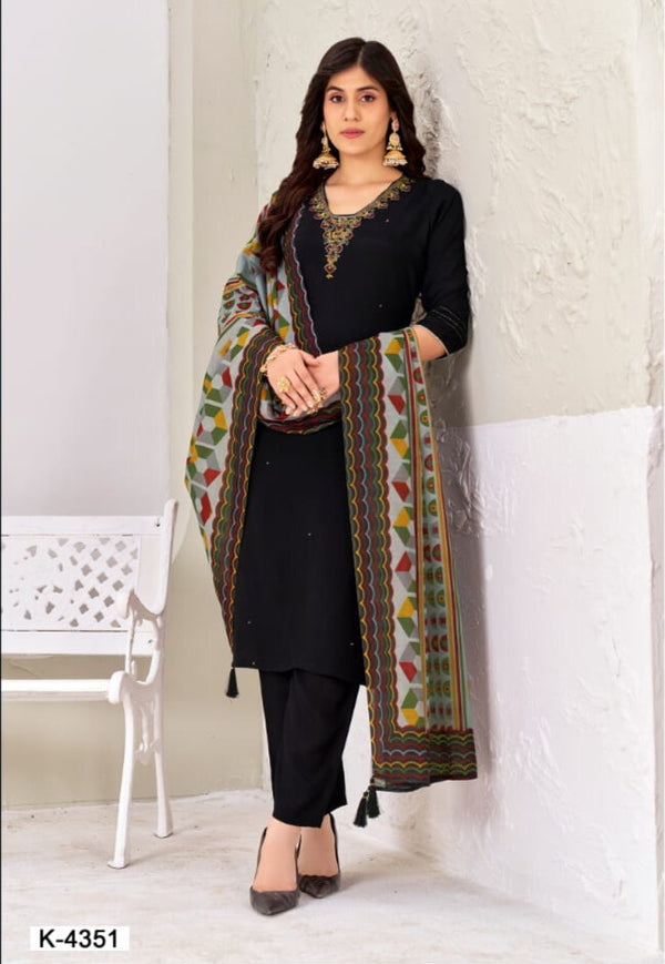 Classic Black Elegance – Handworked Kurti Pant Set with Printed Dupatta