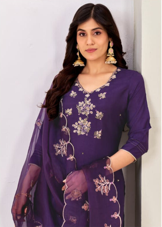 Elegant Royal Purple Embroidered Kurta Set with Sheer Dupatta