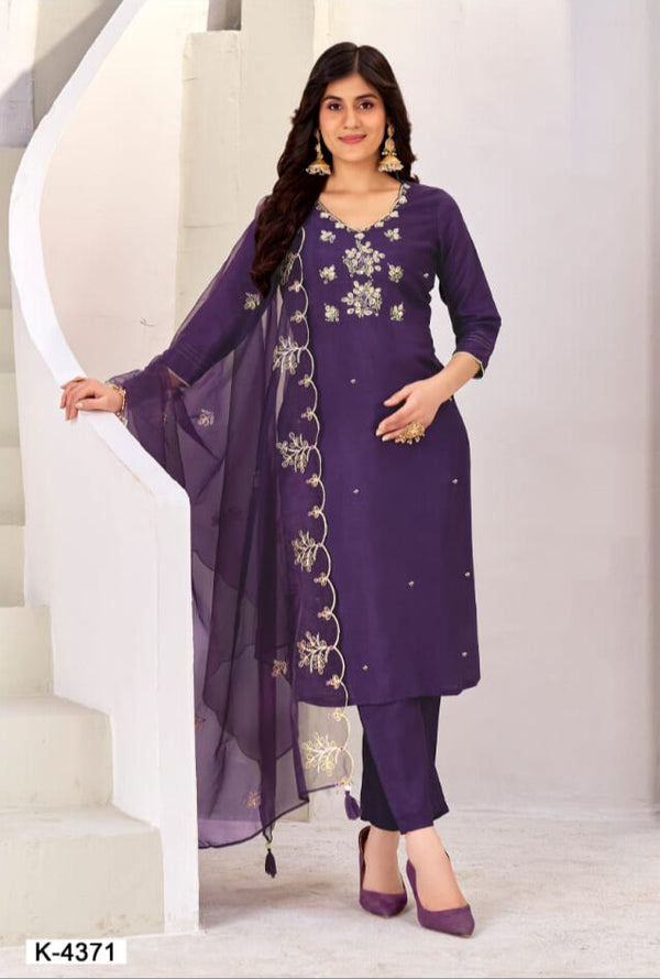 Elegant Royal Purple Embroidered Kurta Set with Sheer Dupatta