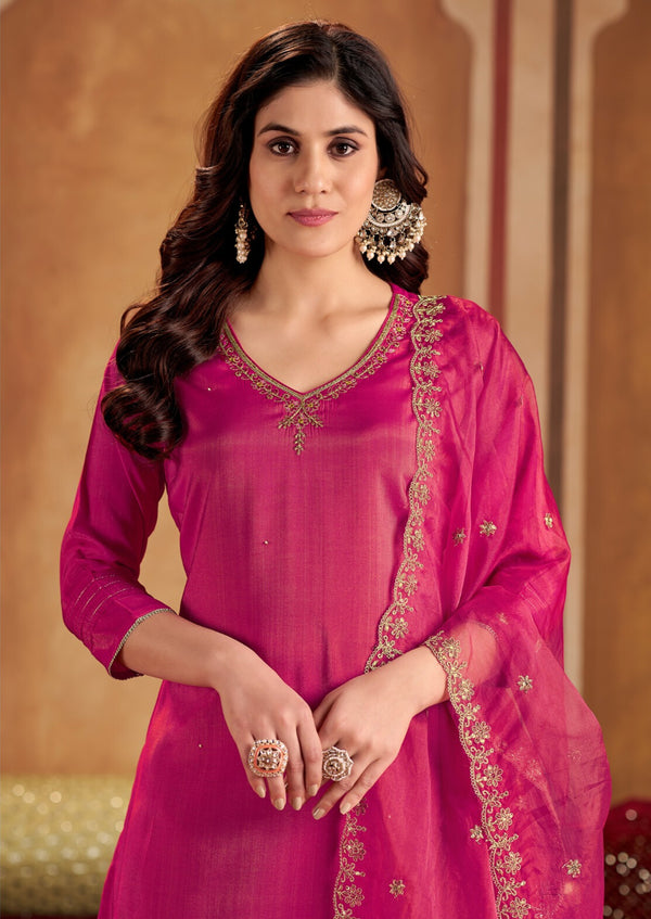 Royal Magenta Embroidered Kurta Palazzo Set with Elegant Dupatta