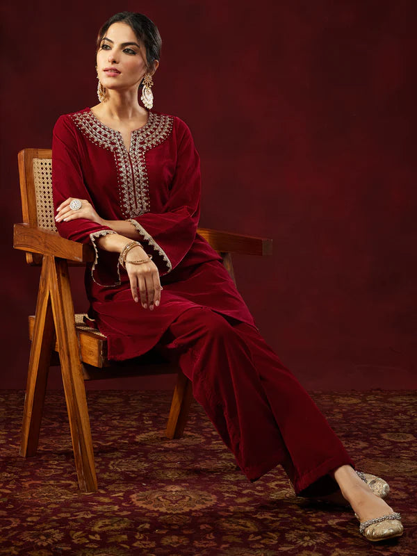 Elegant Velvet Embroidered Kurta Set