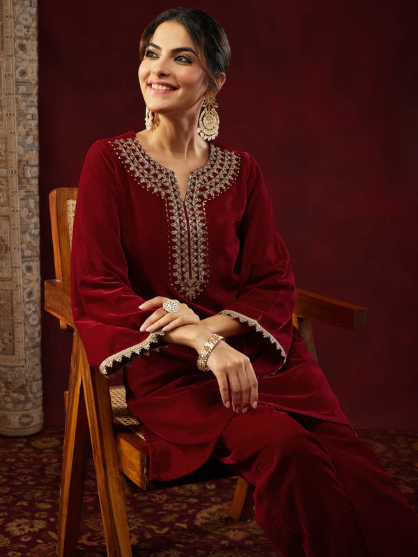 Elegant Velvet Embroidered Kurta Set