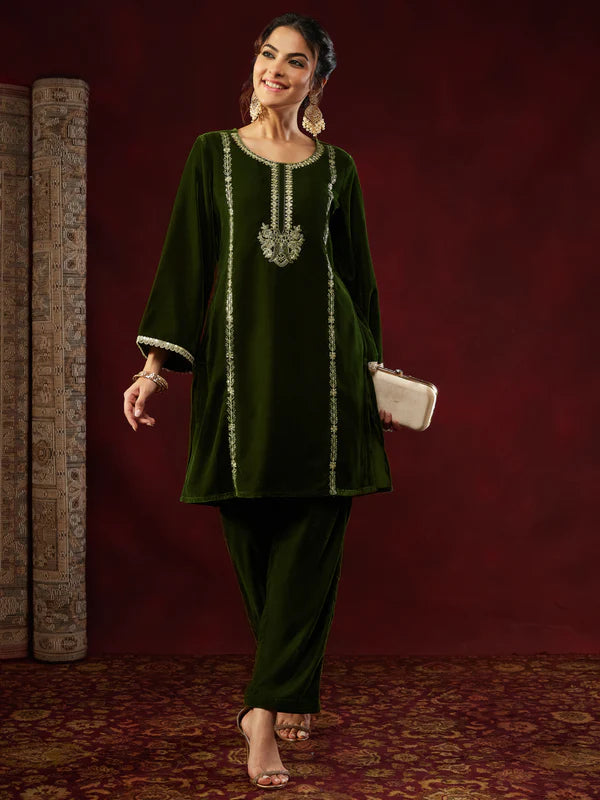 Olive Green Velvet Embroidered Kurta Set