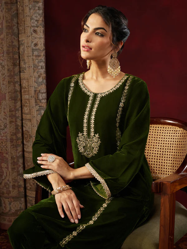 Olive Green Velvet Embroidered Kurta Set