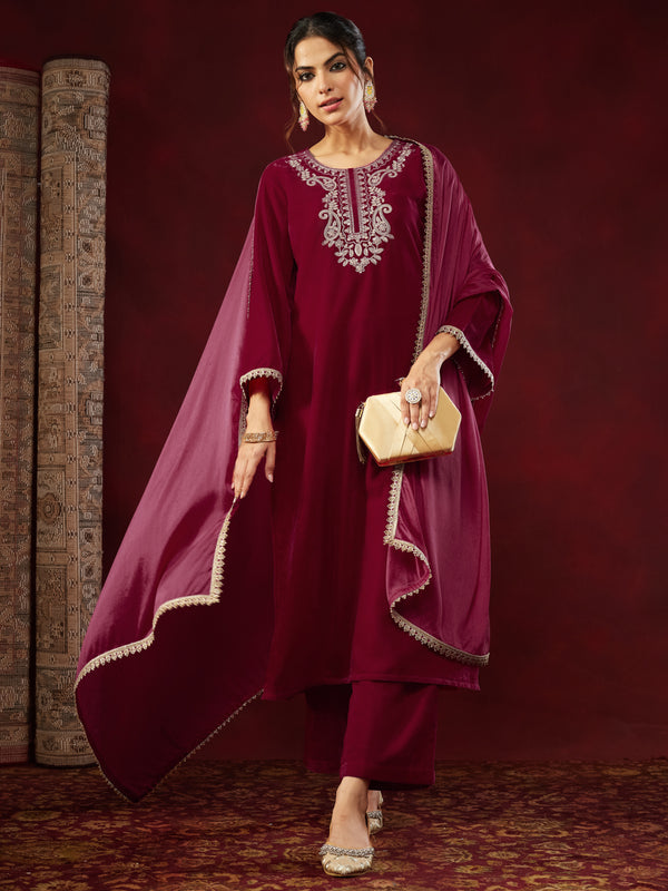 Pink Velvet Zari Yoke Embroidered Straight Kurta Set