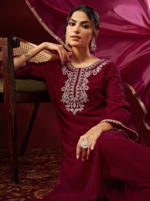 Pink Velvet Zari Yoke Embroidered Straight Kurta Set