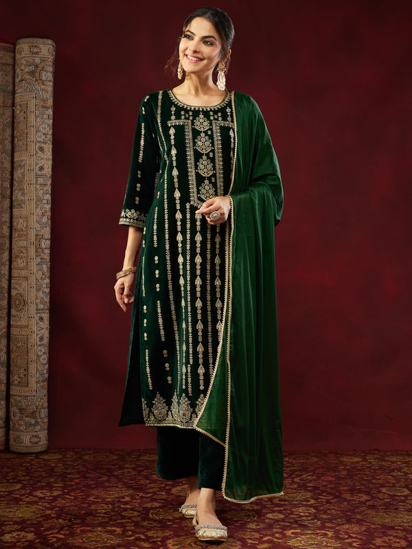 Bottle Green Velvet Embellished Gold Printed Straight Kurta Set with Dupatta