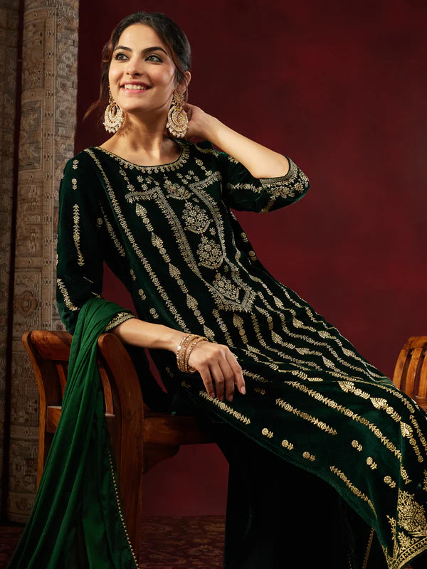 Bottle Green Velvet Embellished Gold Printed Straight Kurta Set with Dupatta