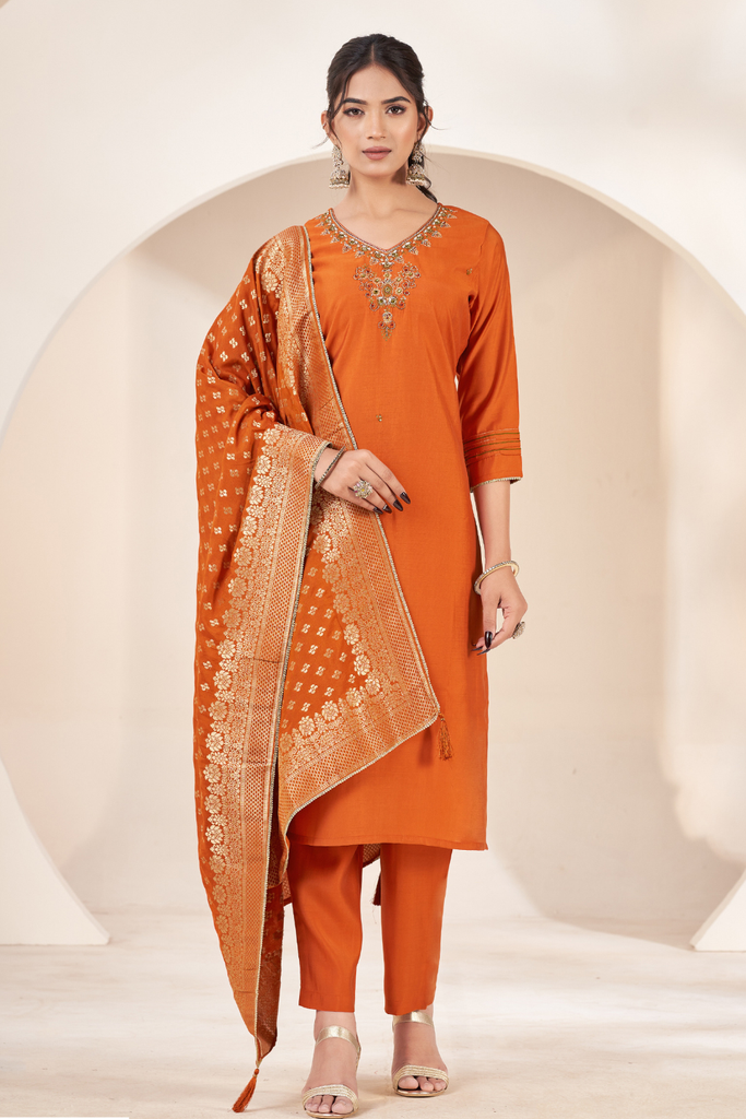 Royal Rust Handcrafted Elegance – Silk Embroidered Kurti Set