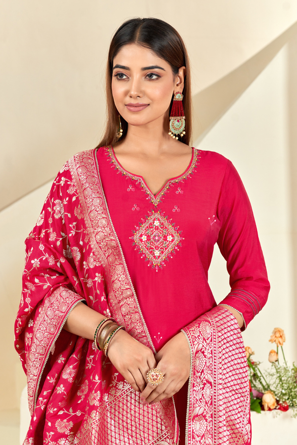 Ruby Radiance — Handcrafted Silk Kurti Set with Embroidered Dupatta