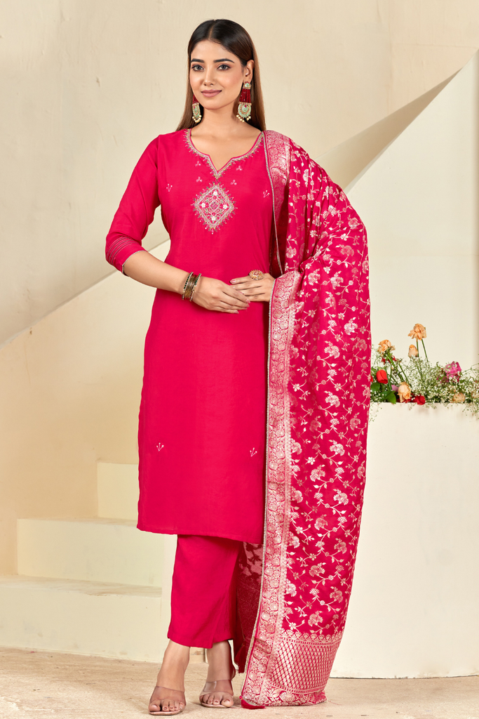 Ruby Radiance — Handcrafted Silk Kurti Set with Embroidered Dupatta