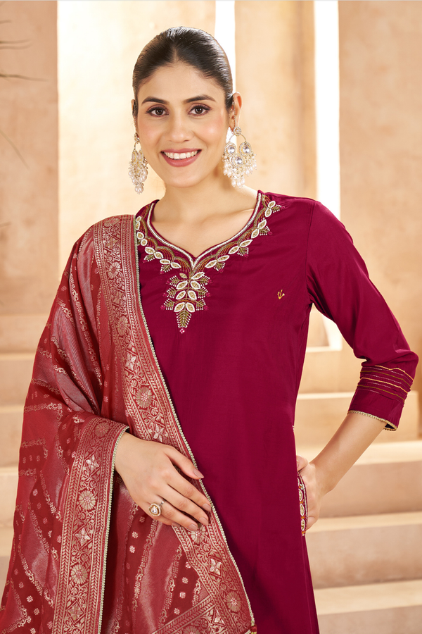 Maroon Majesty — Handcrafted Embroidered Kurti Set with Dupatta