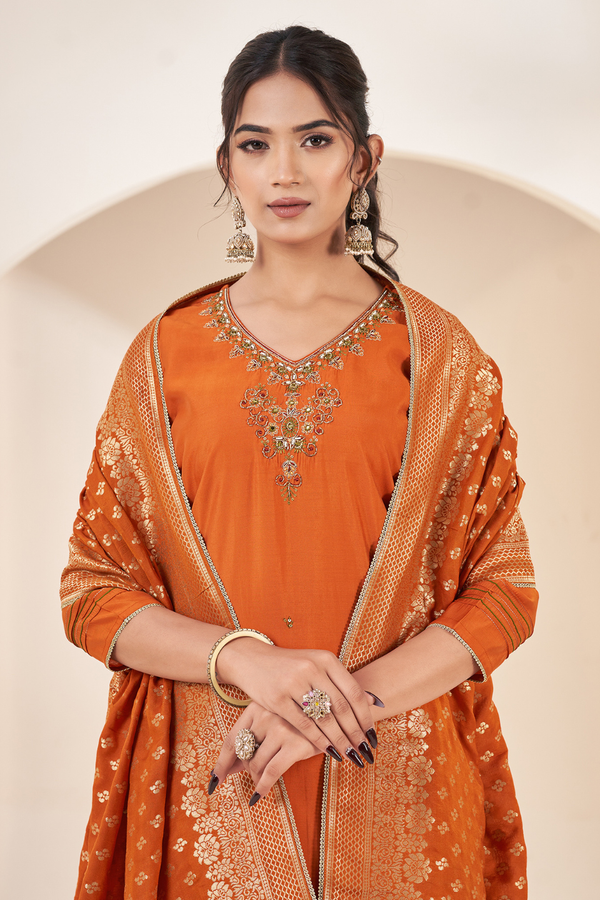 Royal Rust Handcrafted Elegance – Silk Embroidered Kurti Set