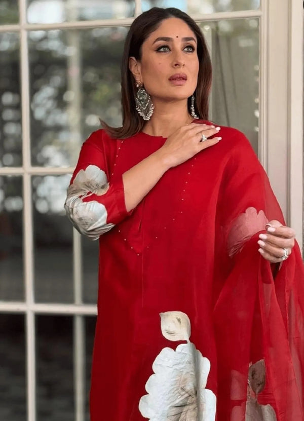 kareena kapoor Red Kurta Set with Hand-Painted Dupatta
